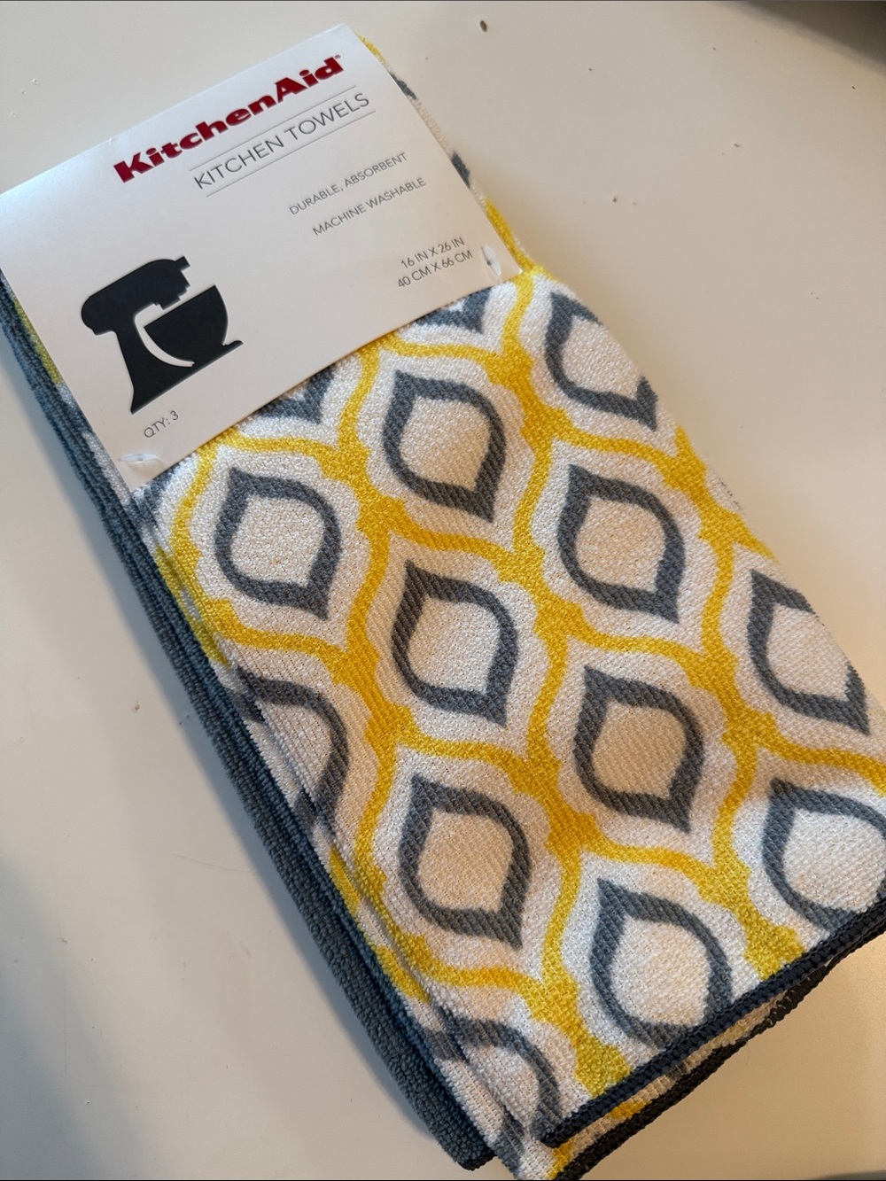 Kitchenaid set of 3 kitchen towels microfiber polyester absorbent new yellow gra